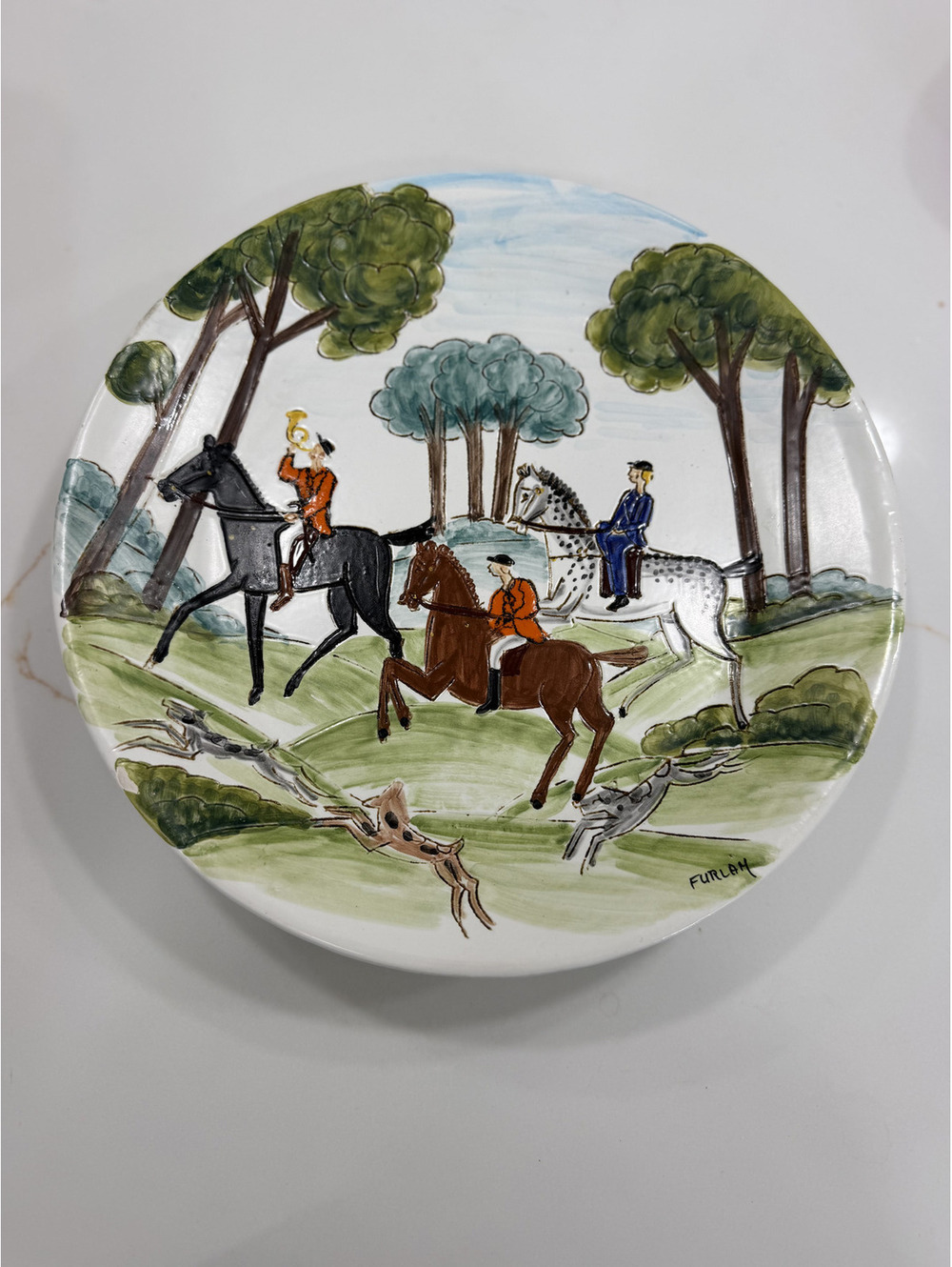 Vintage FURLAN Hand Painted Ceramic Decanter Horse Fox Hunt Equestrian Italy